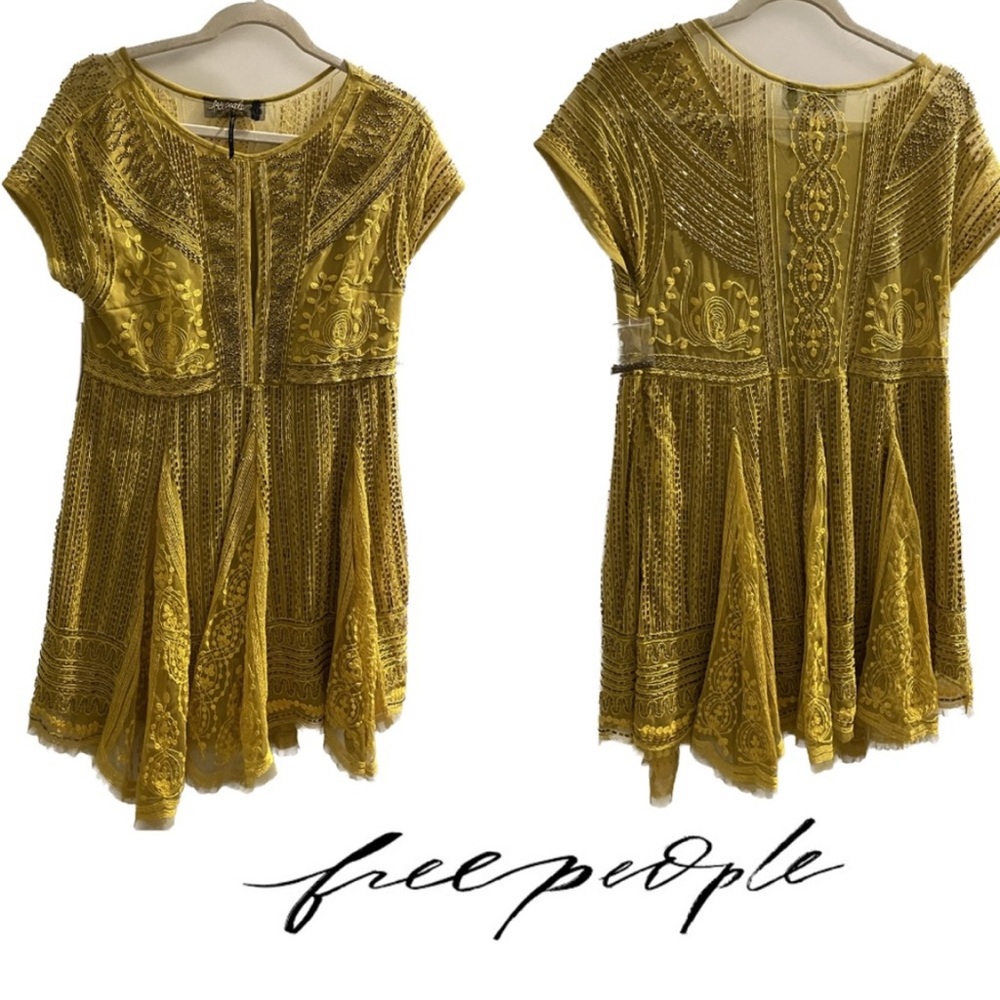 Free People Mustard Beaded And Embroidered Dress  scoop neck size XS